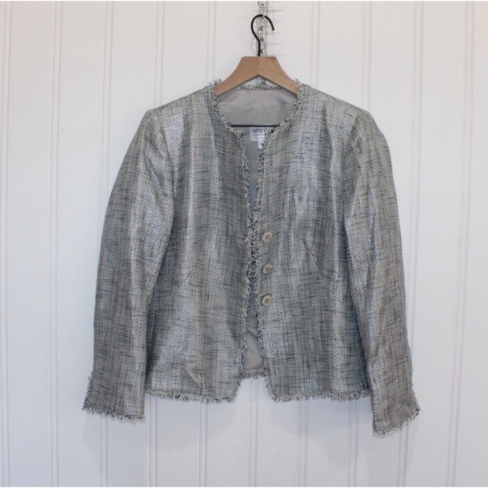 Armani Collezioni Metallic Tweed Fringe Jacket Women’s Size‎ 16 Made In Italy